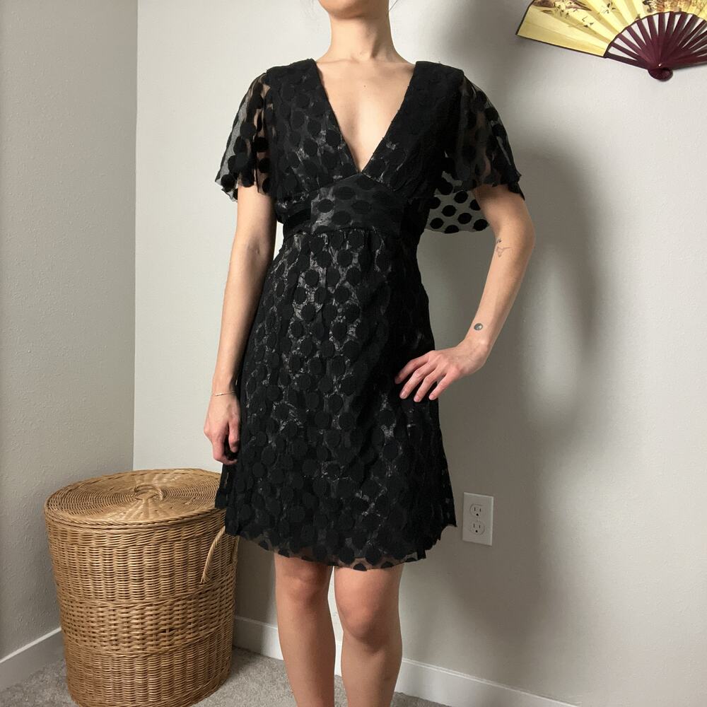 vintage anna sui black polka dot lace v neck tie back mini dress